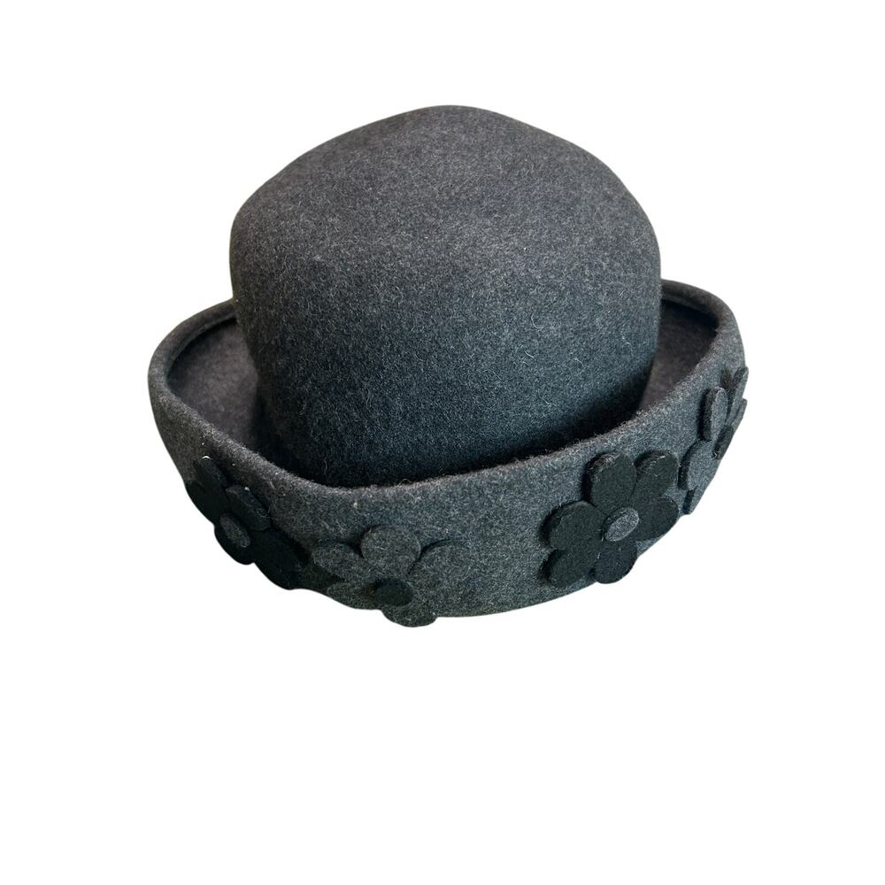 Dame- Vintage Wool Bowler Hat- Flower Cutout applique front- black gray- OSFM